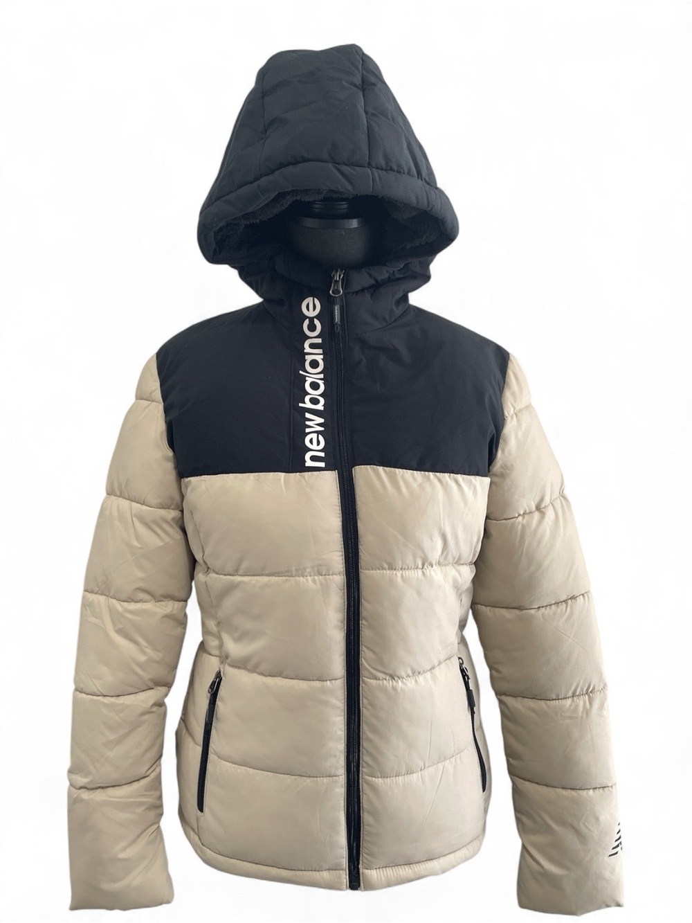 New Balance Hooded Winter Puffer Jacket Sherpa Lined Beige Black size Small